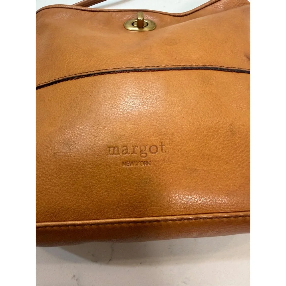 Margot New York Cognac Brown Leather Crossbody Bag Turn Lock Small Messenger